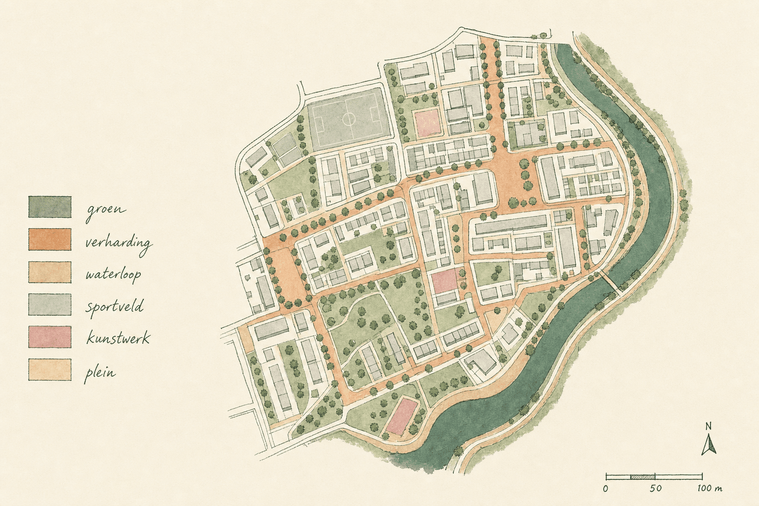 Stilistische top-down kaartillustratie van een Nederlandse stadswijk, met areaaltypen als gekleurde polygonen op cremig papier