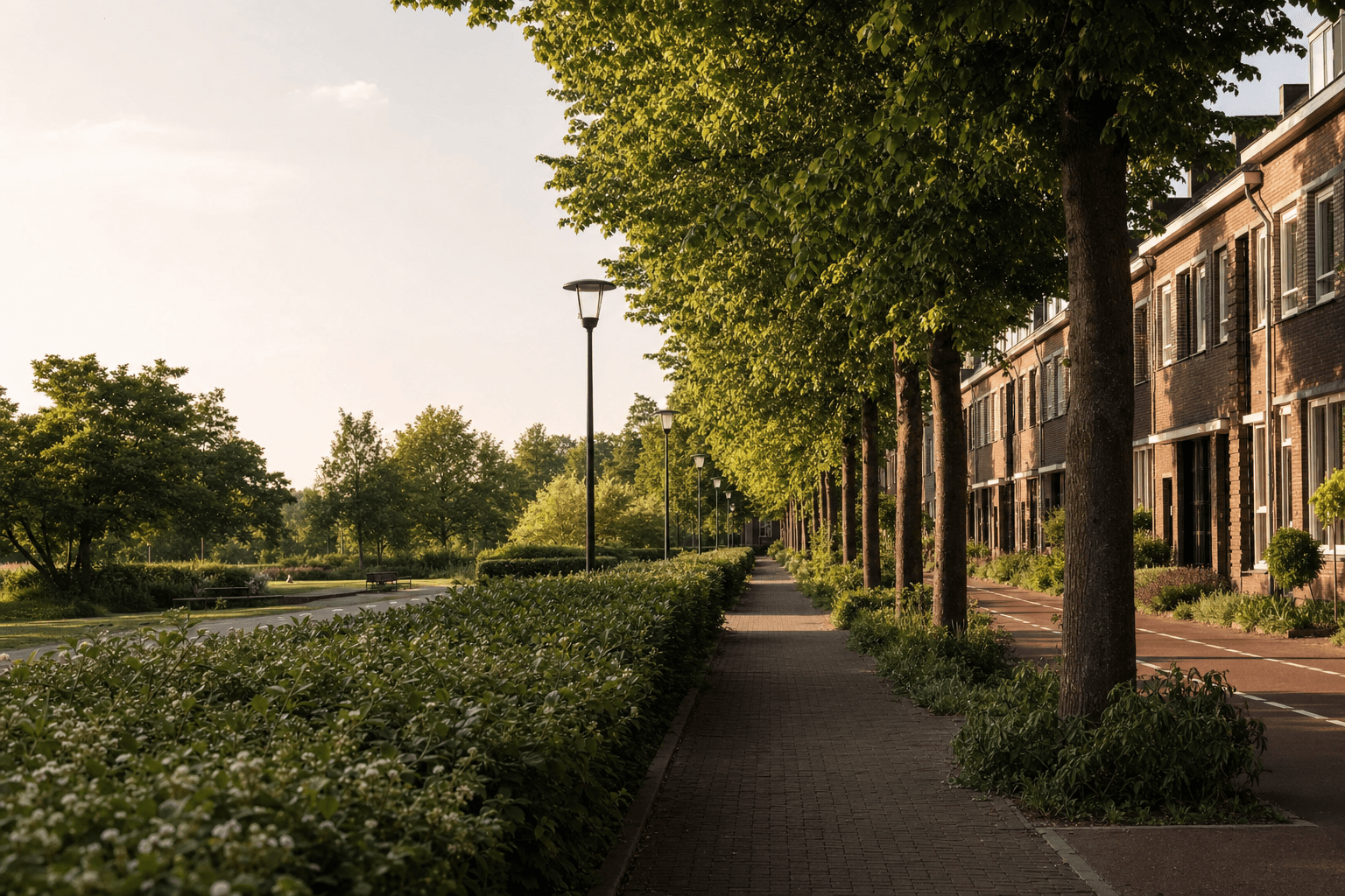 Top-down editorial view van een Nederlandse straat met bomen, lantaarns en straatmeubilair, alle objecten subtiel gemarkeerd alsof ze in een beheerregister staan