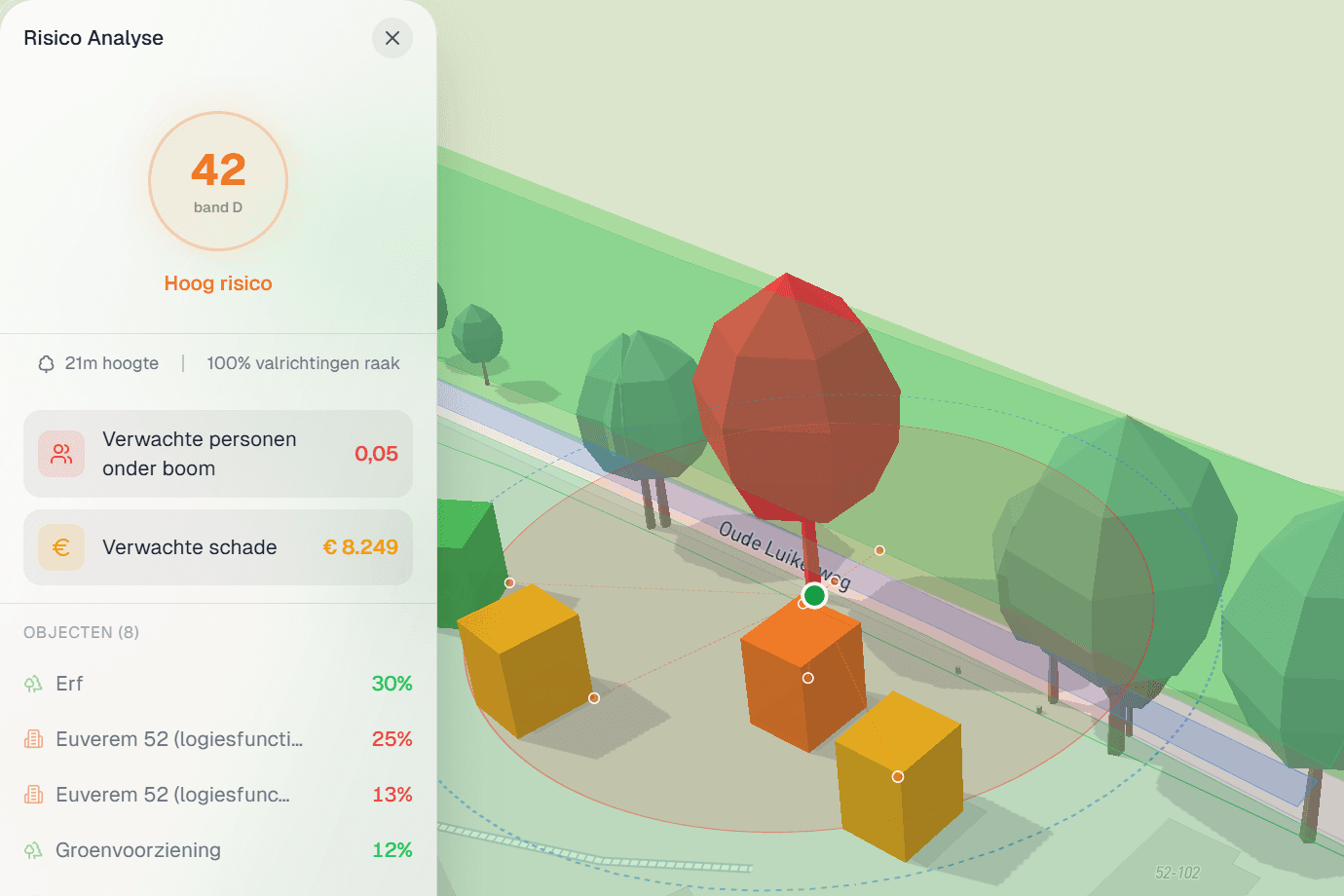 3D-visualisatie van een straat met bomen, waarbij een boom met hoog risico rood is gemarkeerd naast een paneel met risicoscore